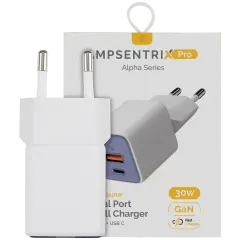 30W Dual-Port Wall Charger with GaN Fast Charging (USB-C + USB-A) (AmpSentrix Pro) (220V Euro) (Ultramarine)