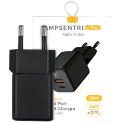 30W Dual-Port Wall Charger with GaN Fast Charging (USB-C + USB-A) (AmpSentrix Pro) (220V Euro) (Black Titanium)