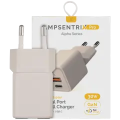 30W Dual-Port Wall Charger with GaN Fast Charging (USB-C + USB-A) (AmpSentrix Pro) (220V Euro) (Desert Titanium)