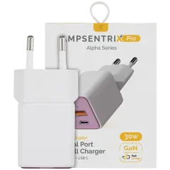 30W Dual-Port Wall Charger with GaN Fast Charging (USB-C + USB-A) (AmpSentrix Pro) (220V Euro) (Pink)
