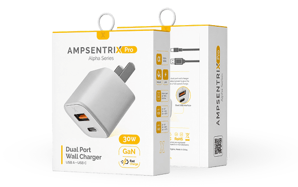 AmpSentrix Pro Alpha Series Dual Port 30W GaN wall charger retail box