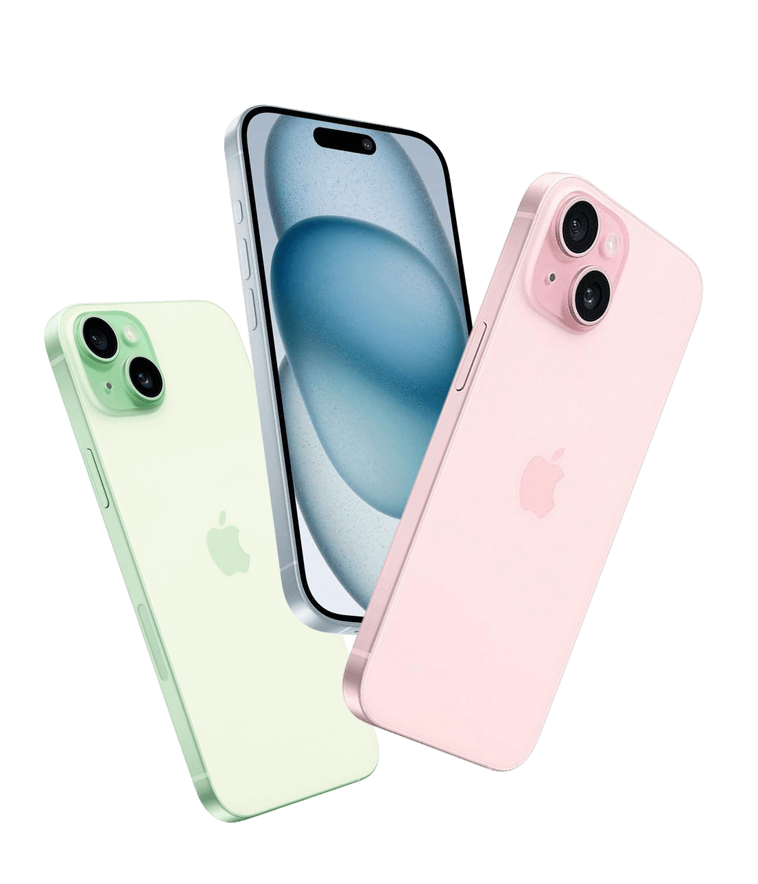 Pre-owned iPhone 15 devices in green, blue and pink