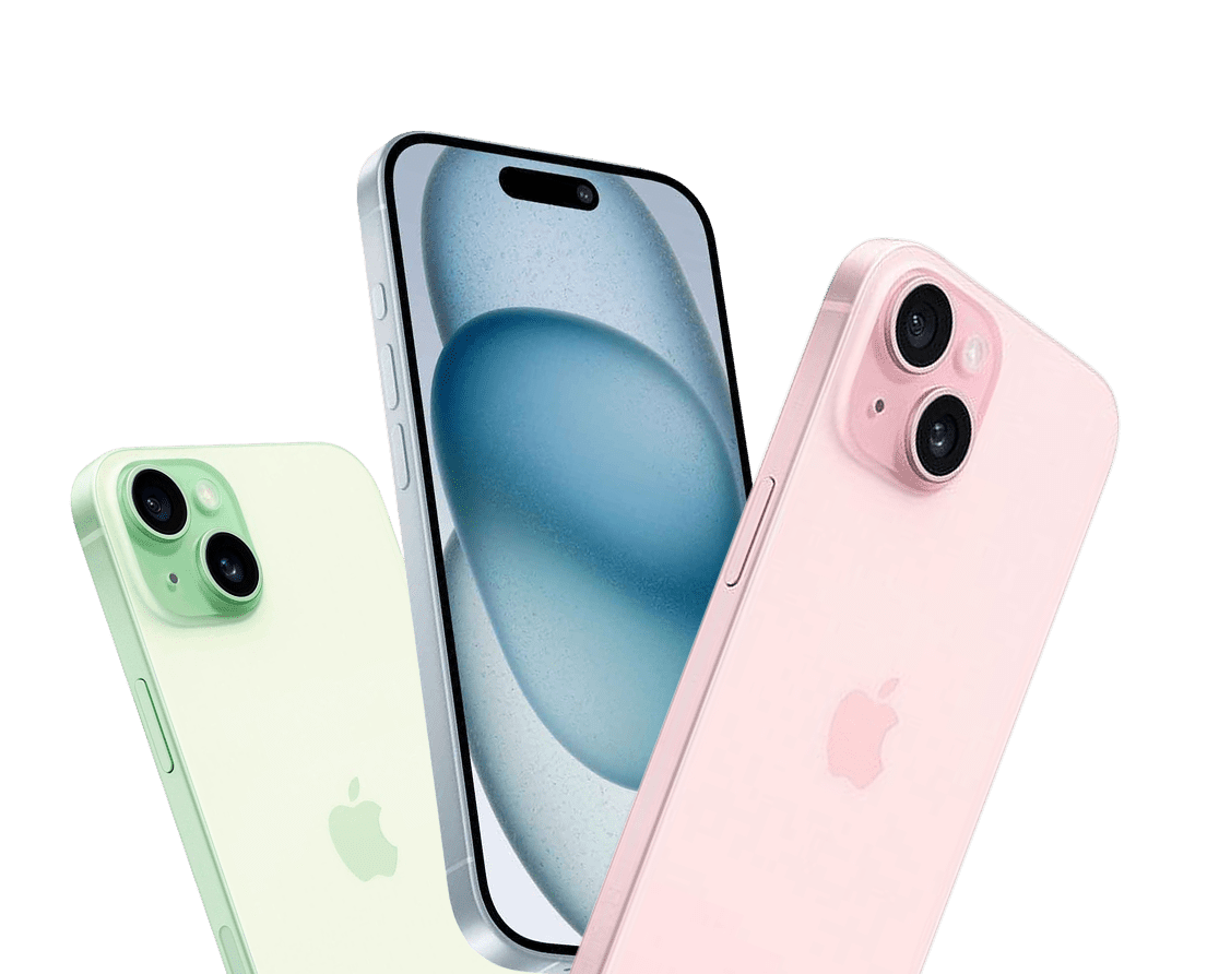 Pre-owned iPhone 15 devices in green, blue and pink