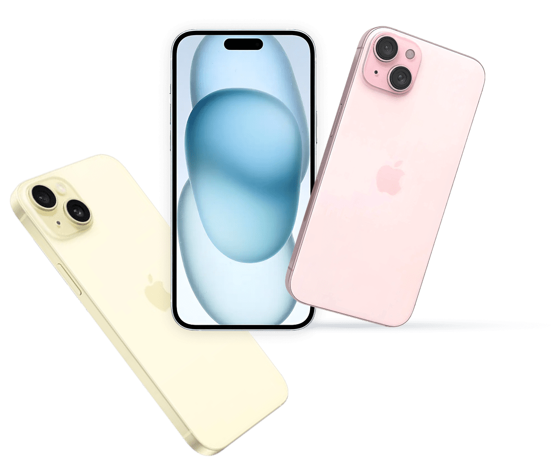 iPhone 15 Plus pre-owned in yellow, black, and pink